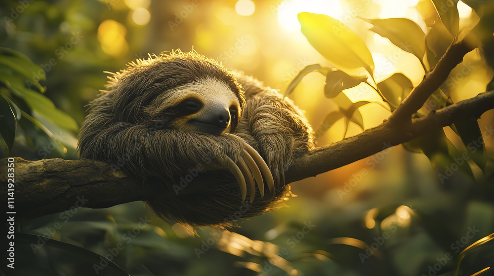 sloth resting on branch in lush rainforest, surrounded by sunlight