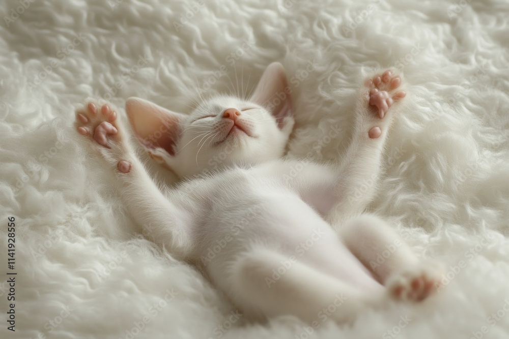 White kitten sleeps peacefully on soft blanket, paws outstretched. White kitten sleeps peacefully on soft blanket, paws outstretched.