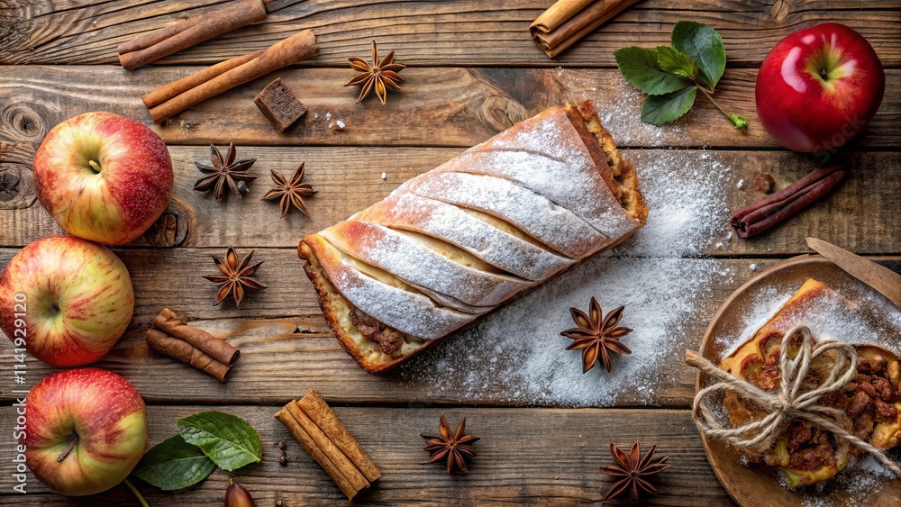 Sweet Apple Pastry with Cinnamon and Star Anise on Rustic Wood Sweet Apple Pastry with Cinnamon and Star Anise on Rustic Wood