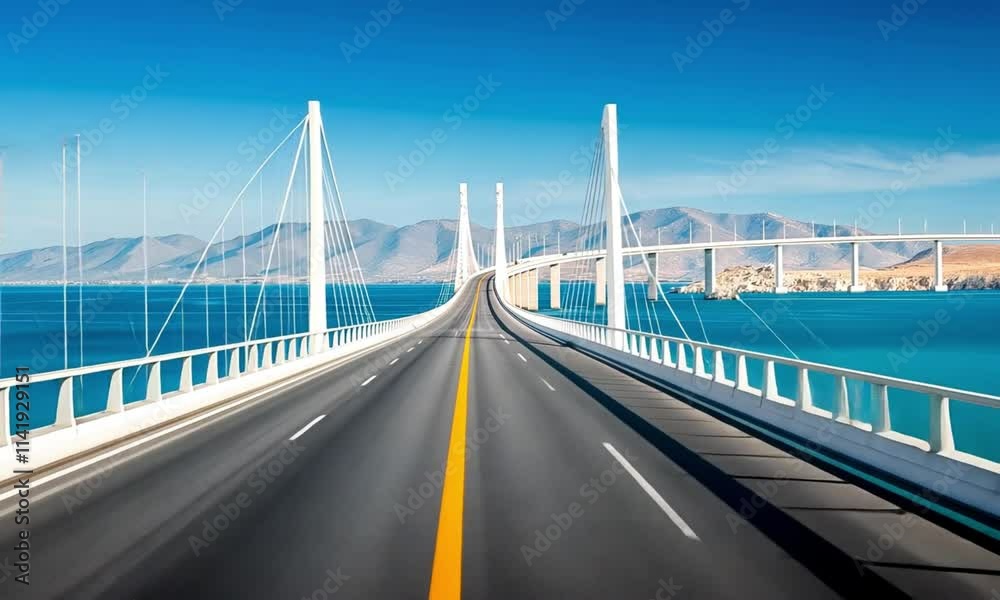 long modern suspension bridge stretching over blue water under a clear sky, with distant mountains on the horizon, captured from a road-level perspective