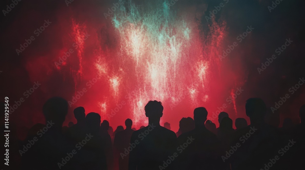 Silhouetted figures watch a swirling red and blue light display. Silhouetted figures watch a swirling red and blue light display.
