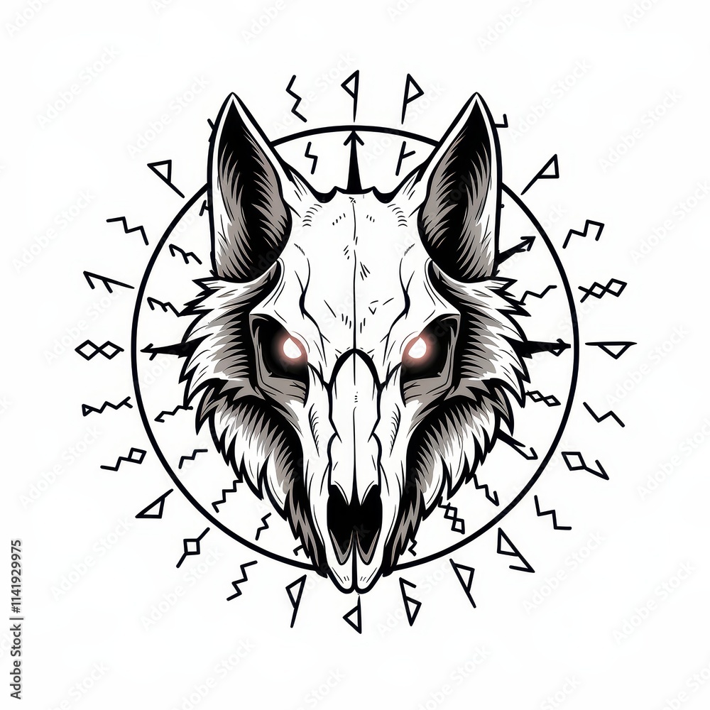 Obraz premium Glowing Eyed Wolf Skull Encircled By Runes