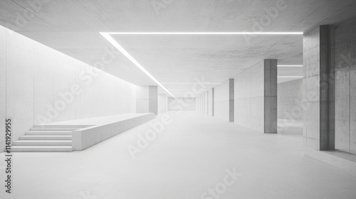 White concrete corridor with lit ceiling and ramp.