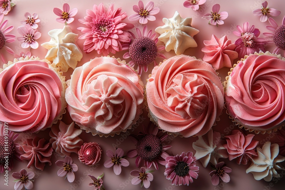 Pink Cupcakes Decorated With Flowers And Meringues Pink Cupcakes Decorated With Flowers And Meringues