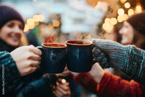Close-up of friends toasting with blue clay mugs of mulled wine at a festive Christmas market.