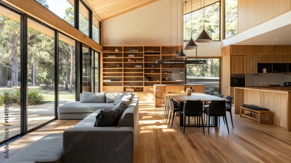 Bright interior living space with wood panel walls and large windows. Bright interior living space with wood panel walls and large windows.
