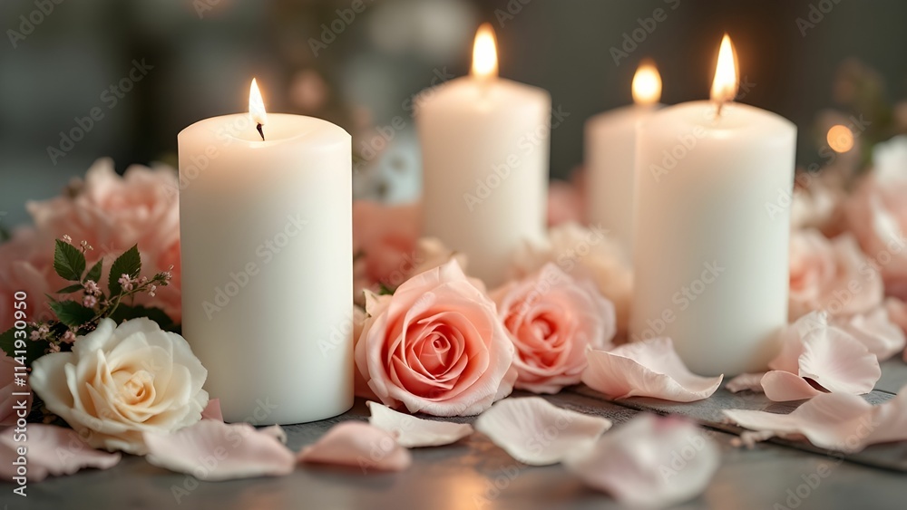 White candles with roses and flowers petals White candles with roses and flowers petals