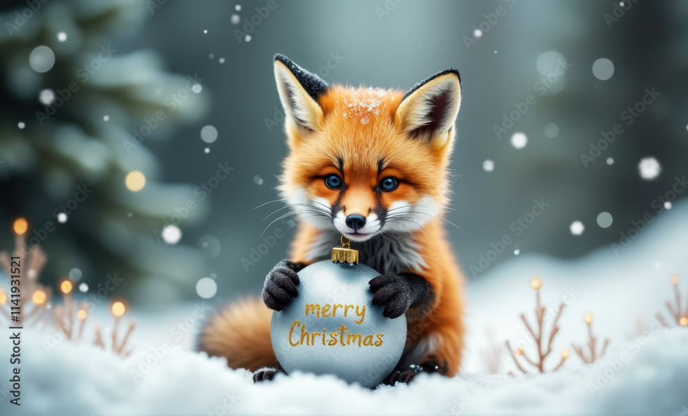 Greeting card with photo of a cute baby fox holding a light blue shiny Christmas ball with the text Merry Christmas. Banner format or wallpaper Greeting card with photo of a cute baby fox holding a light blue shiny Christmas ball with the text Merry Christmas. Banner format or wallpaper