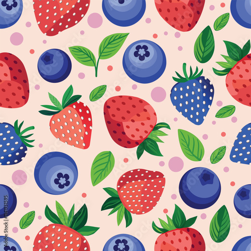 Light red strawberry Blue strawberries, blueberries, bright green leaves, bright cream background. Seamless pattern Vector