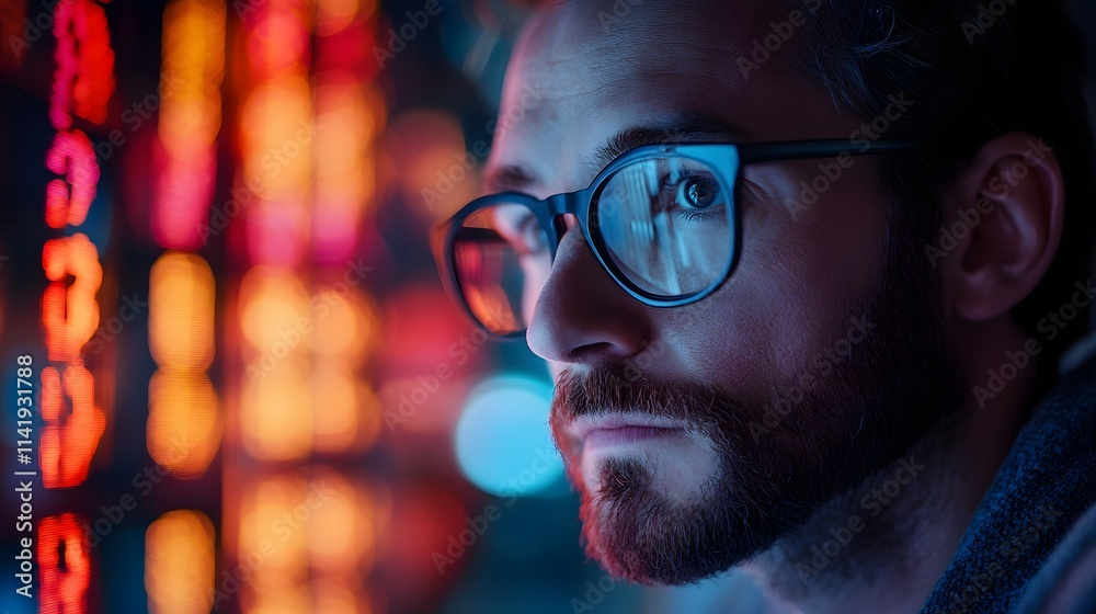 Young man with glasses analyzing colorful data charts in a dimly lit room. Young man with glasses analyzing colorful data charts in a dimly lit room.