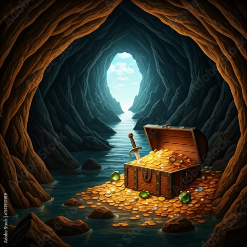 Illustrative Darstellung eines Piratenschatzes in einer Höhle