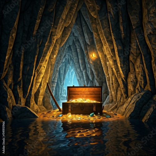 Illustrative Darstellung eines Piratenschatzes in einer Höhle