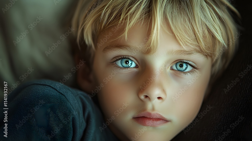 Blonde child with striking blue eyes, gazing softly in natural light. Blonde child with striking blue eyes, gazing softly in natural light.