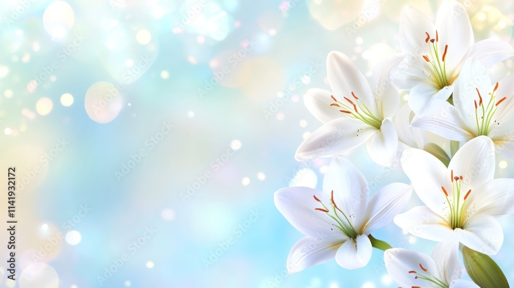 White lilies bloom on bokeh blue background. White lilies bloom on bokeh blue background.