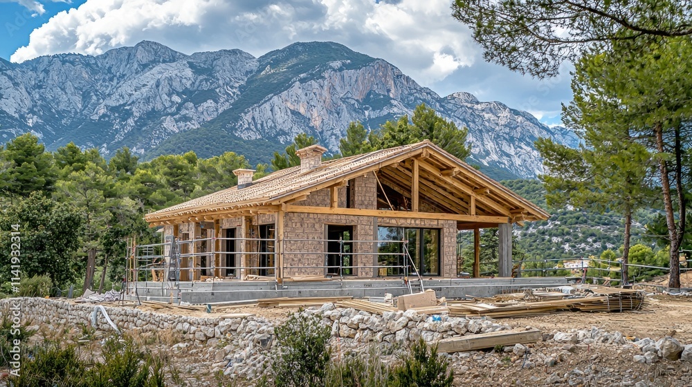House under construction, mountains behind. House under construction, mountains behind.