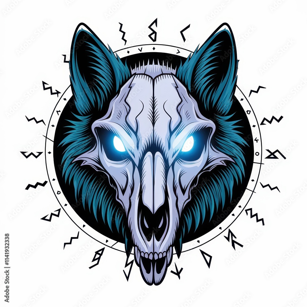 Obraz premium Glowing Eyes Wolf Skull Encircled By Ancient Nordic Runes