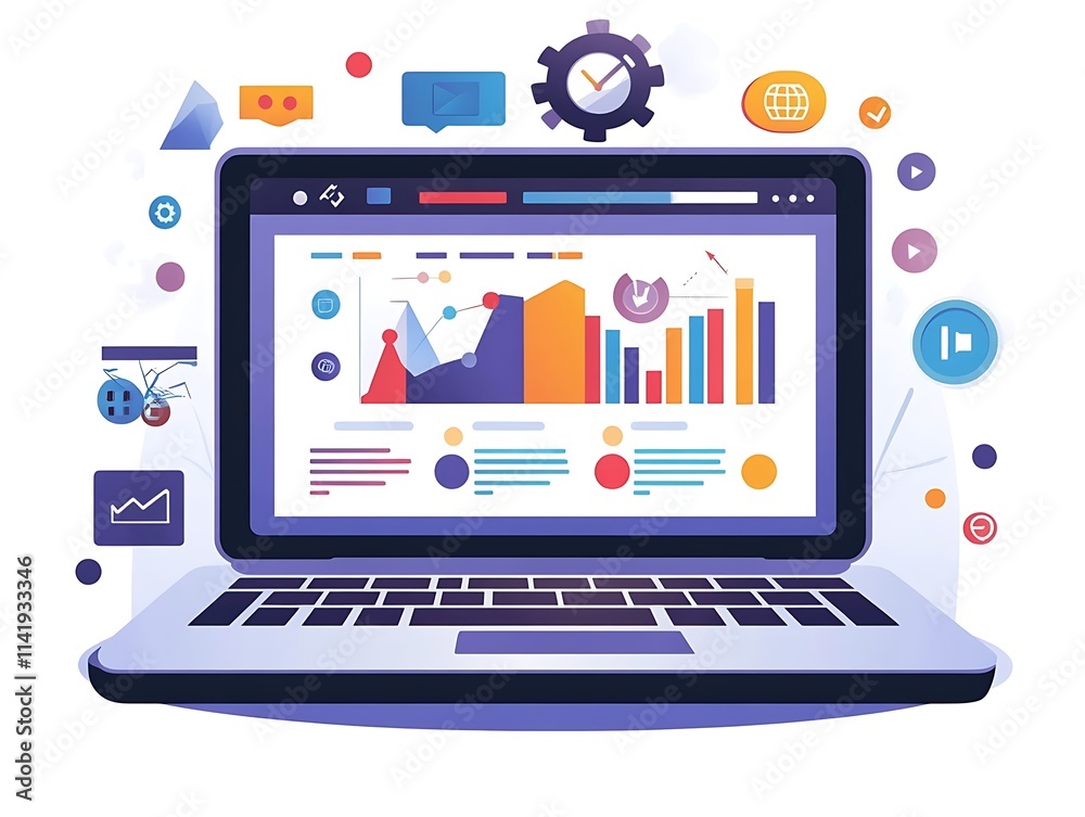 Laptop screen with digital marketing KPIs and performance charts Laptop screen with digital marketing KPIs and performance charts