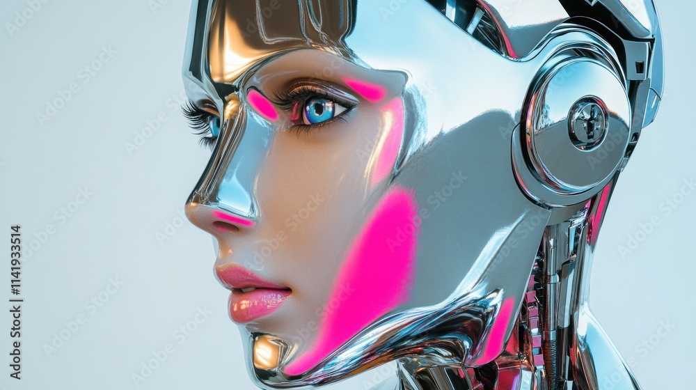 Metallic Feminine Robot with a Glowing Pink Blush Metallic Feminine Robot with a Glowing Pink Blush