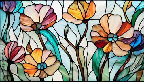 Colorful stained glass flowers as a background. 