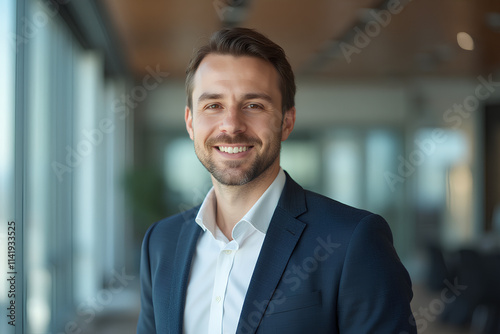 portrait of successful businessman consultant looking at camera and smiling inside modern office building