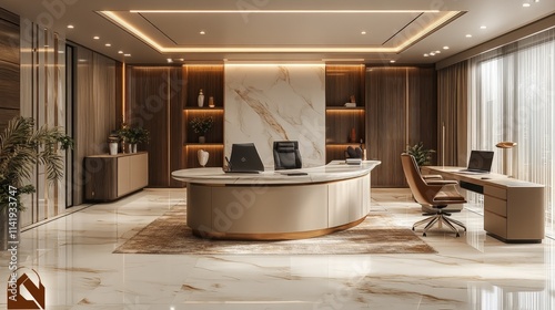 Luxurious modern office interior with curved desk. photo