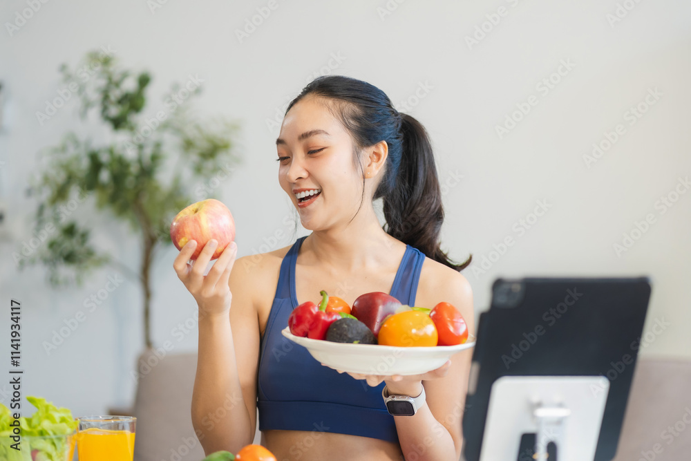 Fit woman enjoys healthy fruit breakfast after yoga training. fitness, nutrition, healthy lifestyle. Fit woman enjoys healthy fruit breakfast after yoga training. fitness, nutrition, healthy lifestyle.