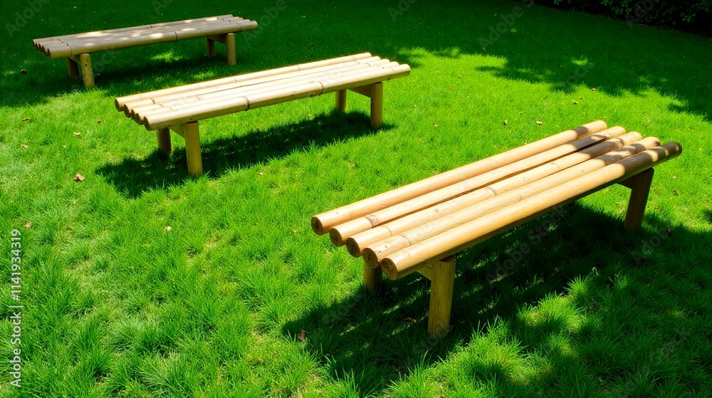 Serene Garden Setting with Three Rustic Bamboo Benches on Lush Green Grass Serene Garden Setting with Three Rustic Bamboo Benches on Lush Green Grass
