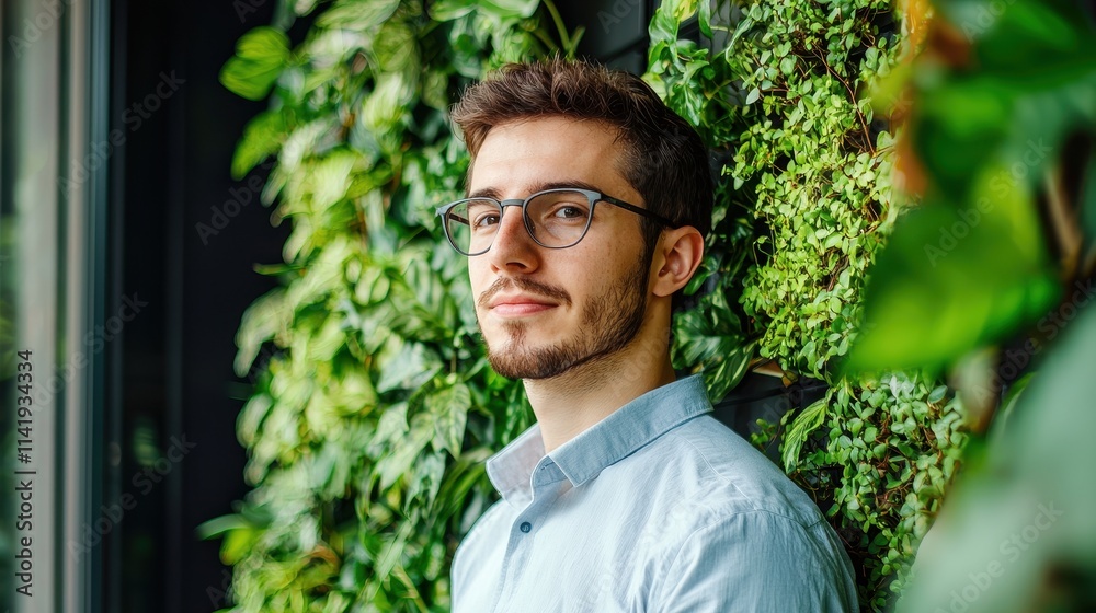 Young Marketing Expert Posing Against Green Plants in Modern Office Space for Campaign Design Young Marketing Expert Posing Against Green Plants in Modern Office Space for Campaign Design