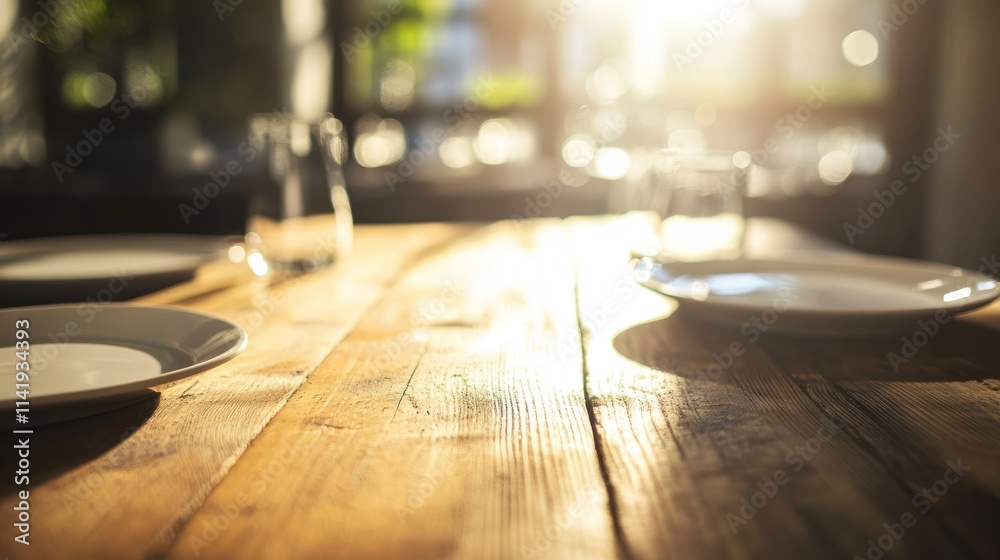 Empty plates and glasses on a sunlit wooden table. Empty plates and glasses on a sunlit wooden table.