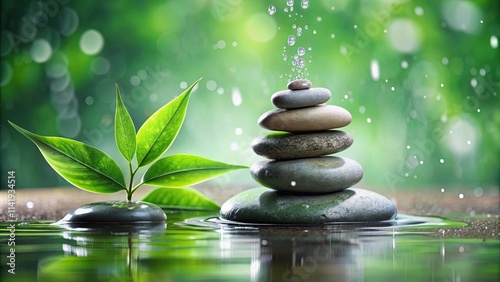 Serene stones and vibrant foliage reflecting in tranquil water, a calming image of nature's balance