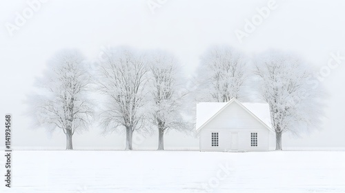 Home insulation becomes vital in this serene winter landscape, where a quaint white house stands amidst frosted trees, reflecting tranquility and isolation.