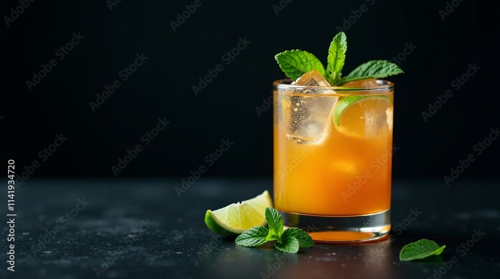 Refreshing citrus beverage with ice and mint garnish in a rocks glass Refreshing citrus beverage with ice and mint garnish in a rocks glass