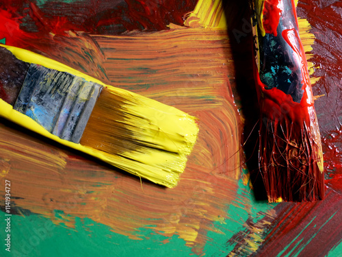 close-up used brushes and paint. Painting art supplies
