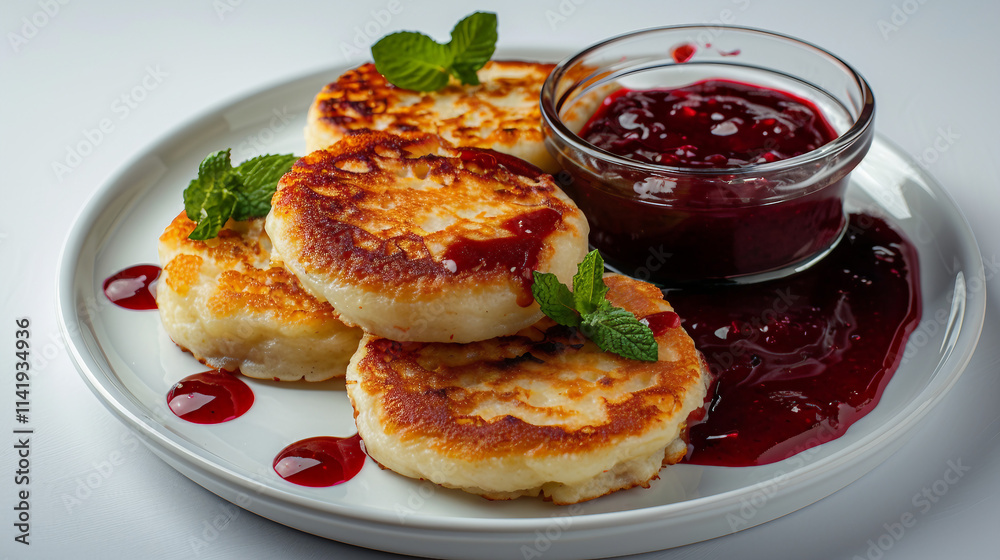 A plate of homemade syrniki topped with fresh mint leaves and red sauce, beautifully presented in a transparent glass on a white background, perfect for a healthy and delicious breakfast or snack.