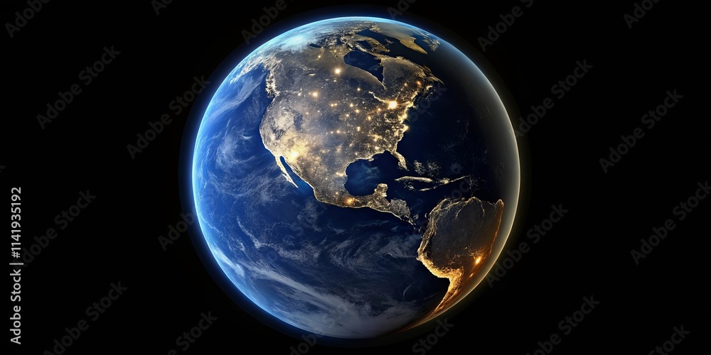 A Stunning Night View of Earth From Space, Showing the Illuminated Continents and the Vastness of the Cosmos A Stunning Night View of Earth From Space, Showing the Illuminated Continents and the Vastness of the Cosmos
