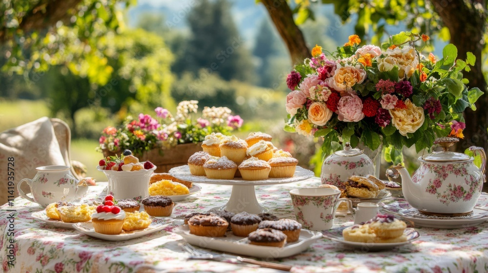 Elegant Outdoor Afternoon Tea Party With Cakes And Flowers Elegant Outdoor Afternoon Tea Party With Cakes And Flowers