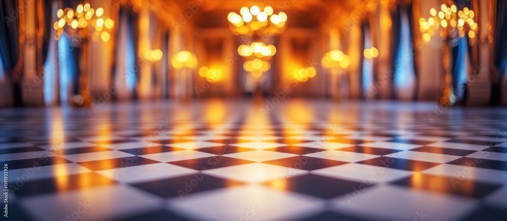 Grand ballroom with checkerboard floor and blurred golden chandeliers.