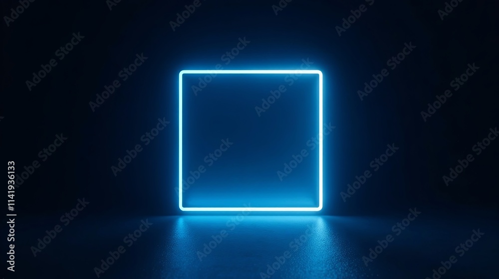 Luminous Blue Neon Square Frame in Dark Room, Ideal for Modern Designs and Futuristic Backgrounds Luminous Blue Neon Square Frame in Dark Room, Ideal for Modern Designs and Futuristic Backgrounds