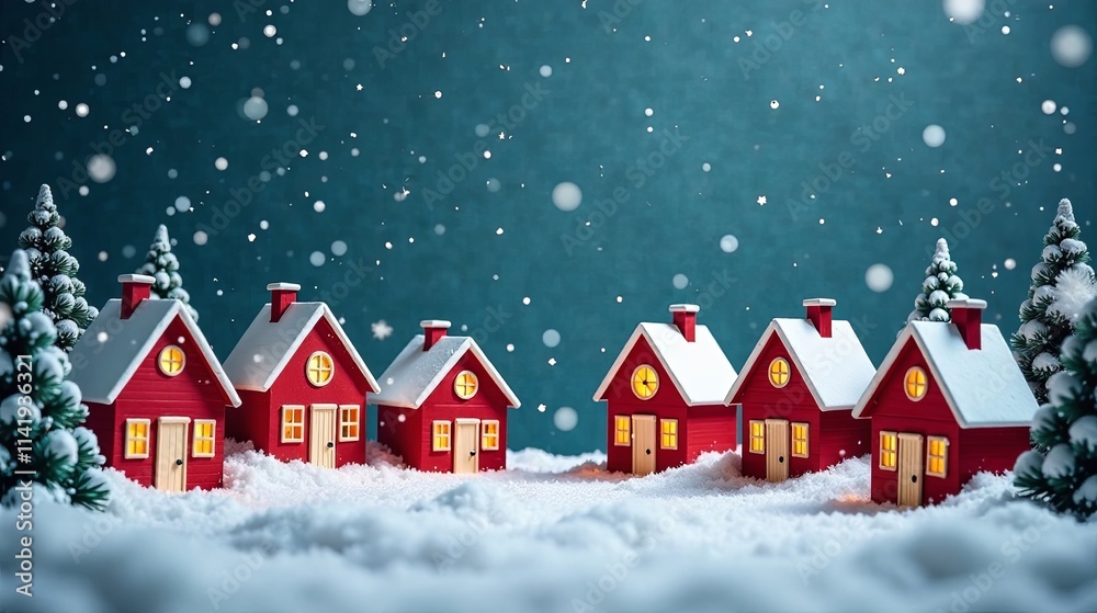 Cozy Red Houses in a Winter Wonderland Scene, Illuminated with Warm Lights and Gently Falling Snow Cozy Red Houses in a Winter Wonderland Scene, Illuminated with Warm Lights and Gently Falling Snow