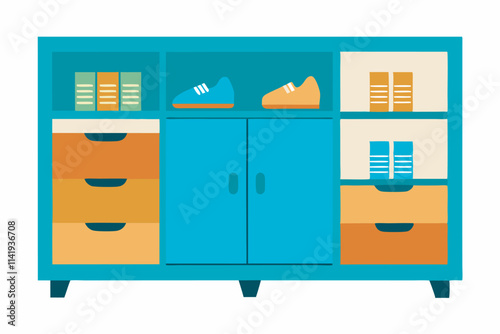 A stylish cabinet with four layers, drawers on the left, open shelves on the right, in blue-green, holding books, a yellow shoe, and neatly placed pairs of shoes, creating a cozy atmosphere.