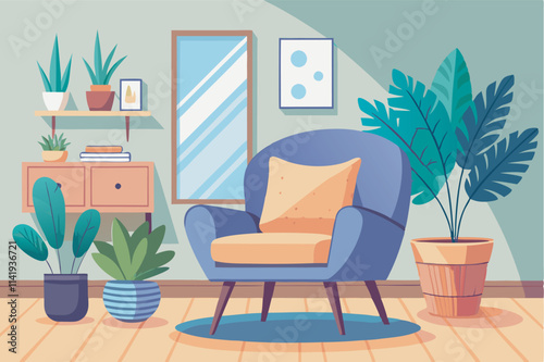 Cozy living room with an armchair, plants, books, mirror, and ladder. Refreshing ambiance with natural light and a relaxing reading nook.