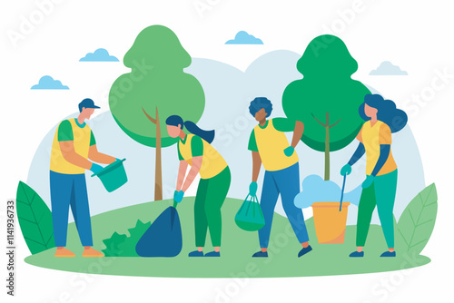Four individuals in green and yellow uniforms work together in a park, watering and planting trees, emphasizing teamwork and environmental care in a cheerful setting.