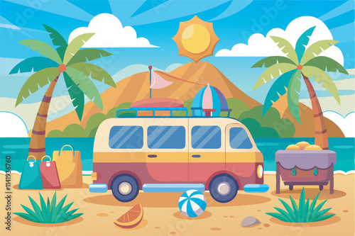 A yellow vintage minivan with a surfboard on the roof is parked at a beach with palm trees and beach items. The sunny sky and sea complete the inviting scene.