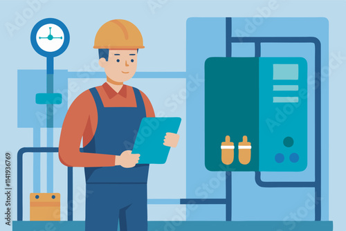 Man in yellow helmet and blue overalls at gas furnace with industrial equipment. Emphasizes responsibility and attention to detail in work environment.