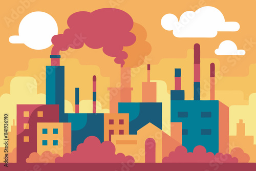 A cityscape illustration with factories emitting smoke amid a colorful sky at sunset. Tall structures, warm hues, and clouds enhance the vibrant scene. The image is framed in black with a red outline.