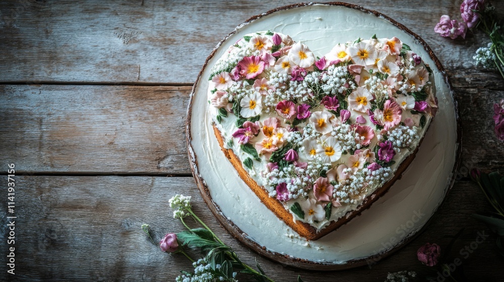 Heart Shaped Cake Decorated With Beautiful Flowers Heart Shaped Cake Decorated With Beautiful Flowers