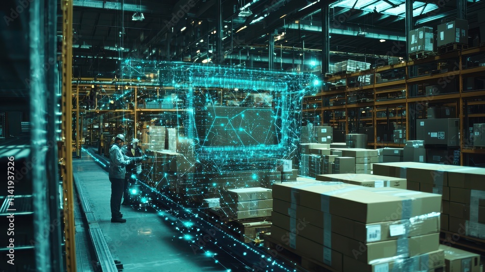 Fototapeta premium Team Collaborating in an AI-Powered Supply Chain System for Enhanced Efficiency and Productivity in a Warehouse