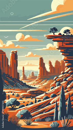 Illustration of Chesler Park, Utah, United States Park with unique rock formations that offer extraordinary natural panoramas