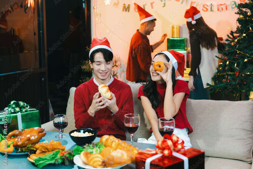 drinks and conversation, people celebrating together at Merry Christmas and Happy New Year. Friends are happy and celebrating with food, wine and friendship of love and gift exchange at the event. drinks and conversation, people celebrating together at Merry Christmas and Happy New Year. Friends are happy and celebrating with food, wine and friendship of love and gift exchange at the event.