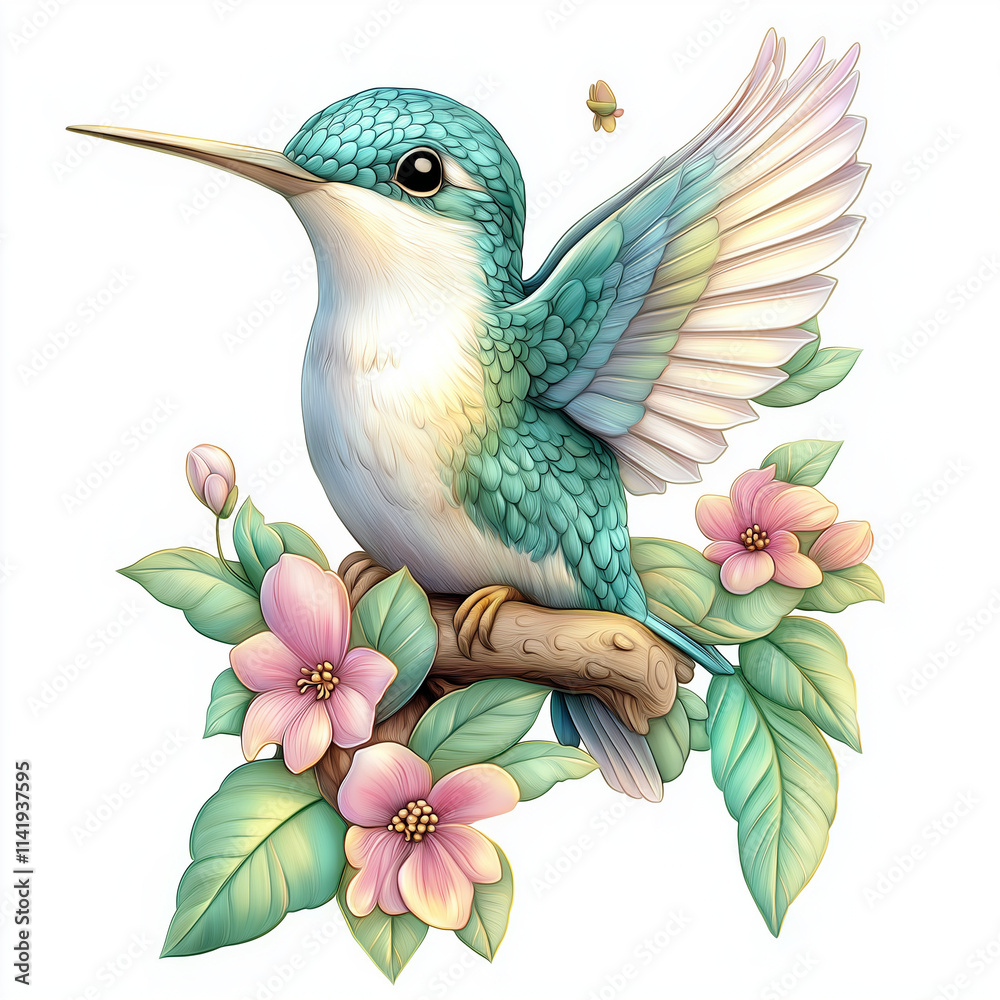 Obraz premium Magical Bird Scene Iridescent Hummingbird with Pink Flowers
